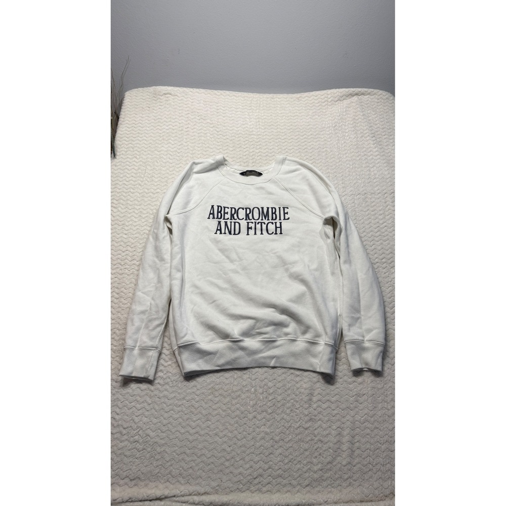 Abercrombie and Fitch Women White Logo Crewneck Sweatshirt Medium Raglan Sleeve